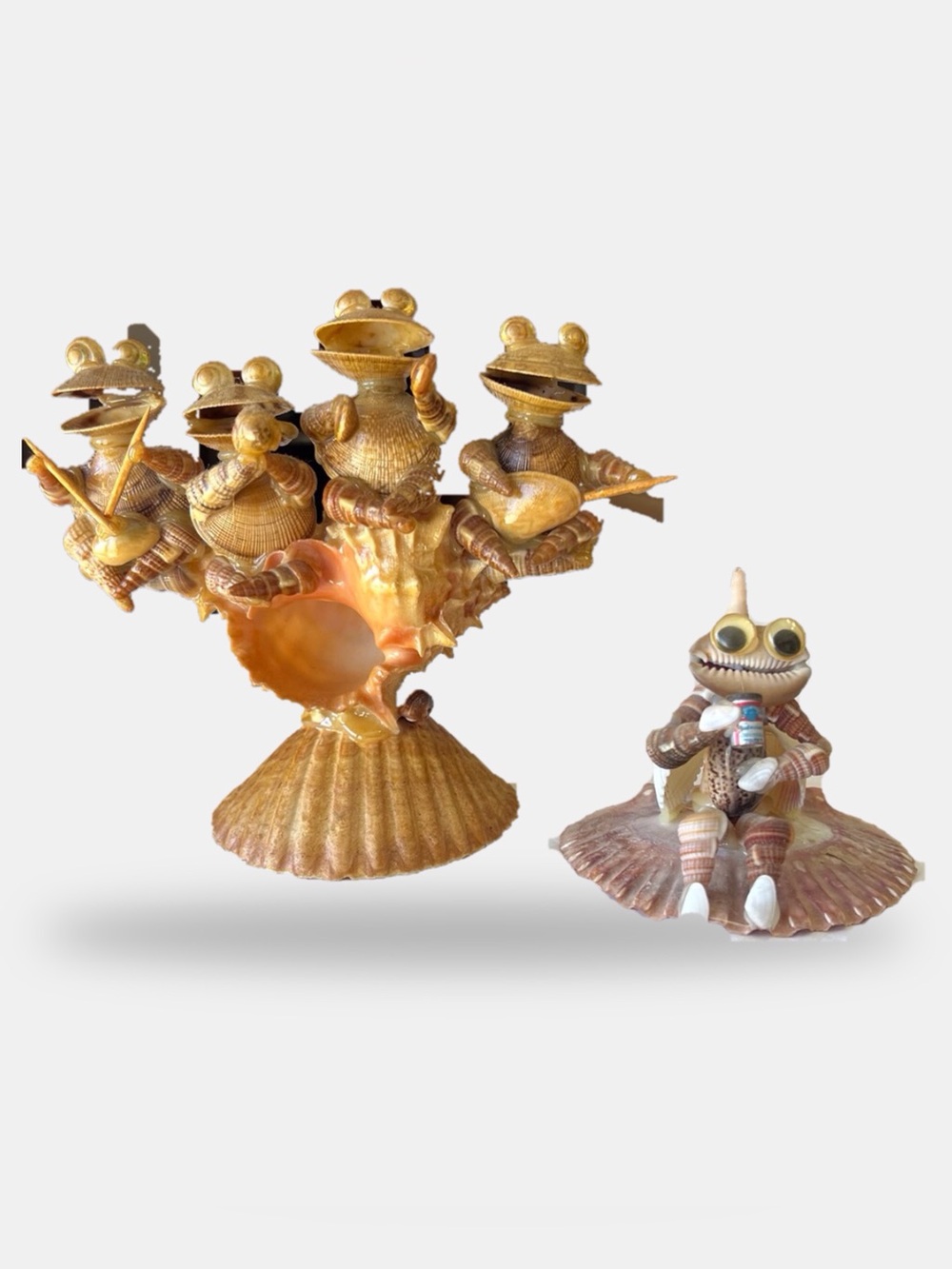 Vintage Seashell Frog Band + Budweiser Shell Figurine Set Folk Art Beach Decor